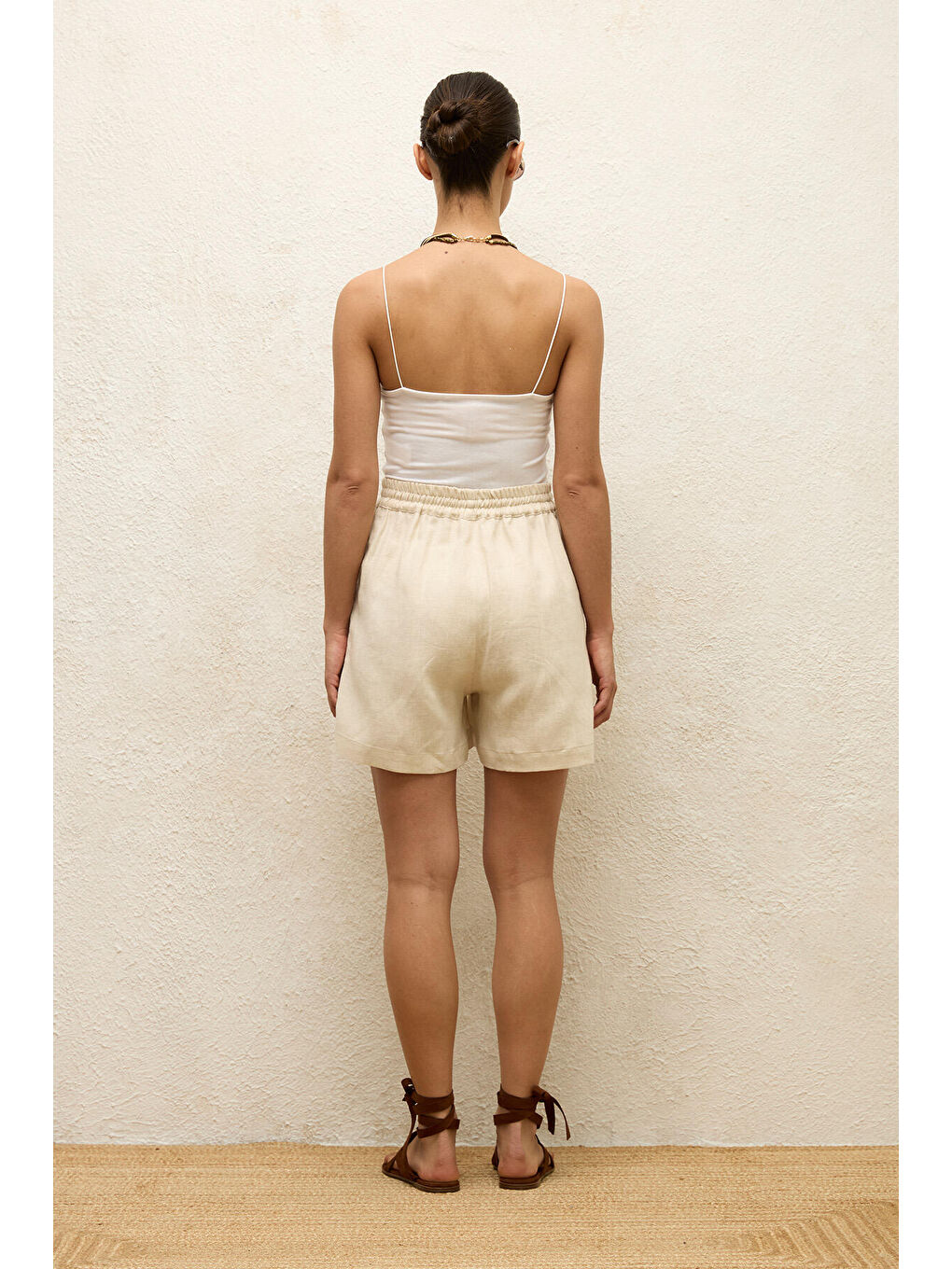 Keten Rahat Şort Bej-7