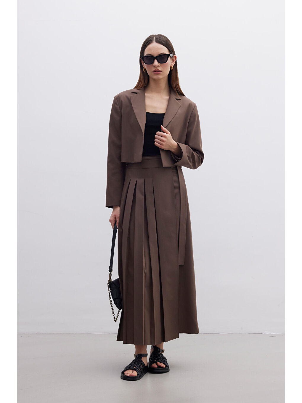 Pliseli Kruvaze Etek Kahverengi