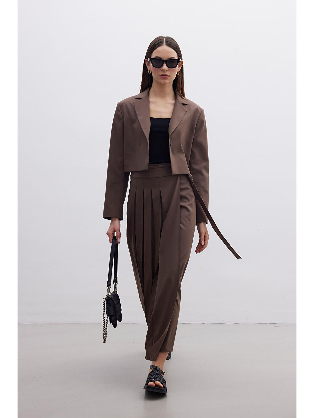 Pliseli Kruvaze Etek Kahverengi-1