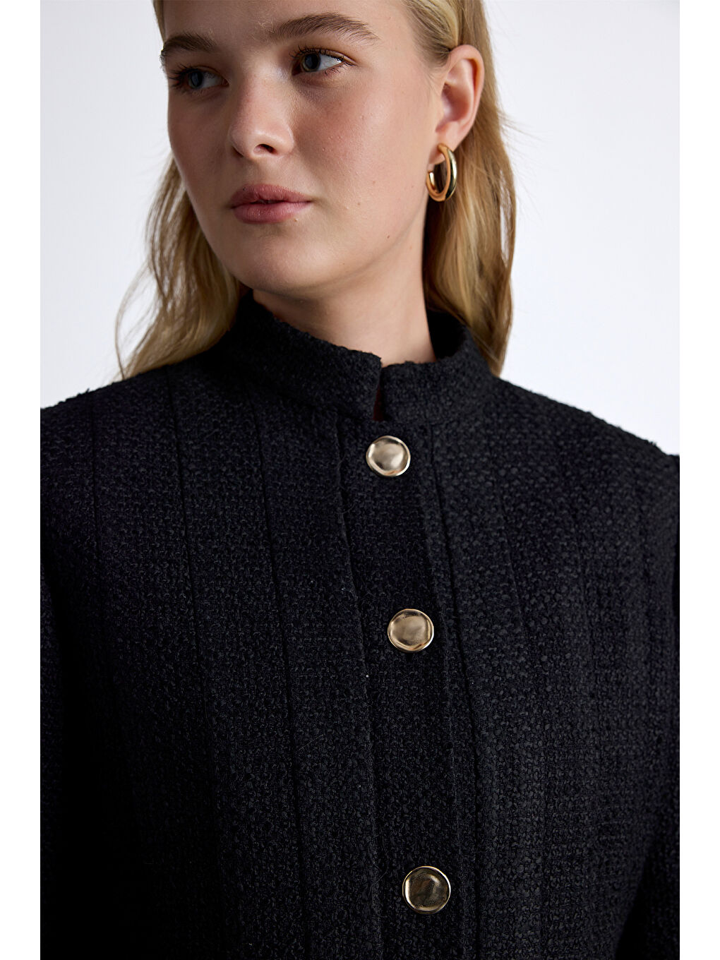 Dokulu Düğmeli Ceket Siyah-5