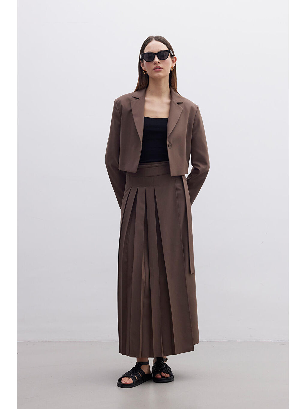 Pliseli Kruvaze Etek Kahverengi-2