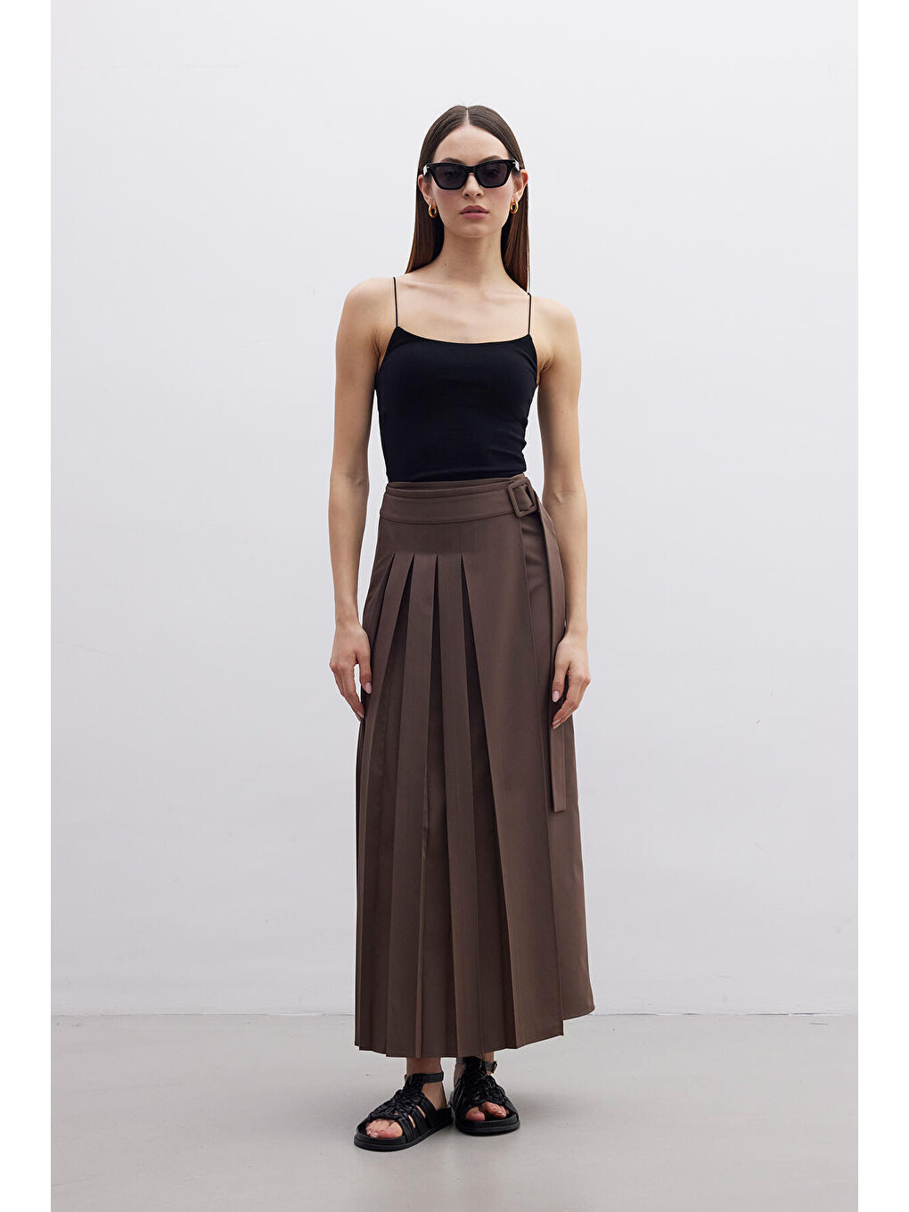Pliseli Kruvaze Etek Kahverengi-3