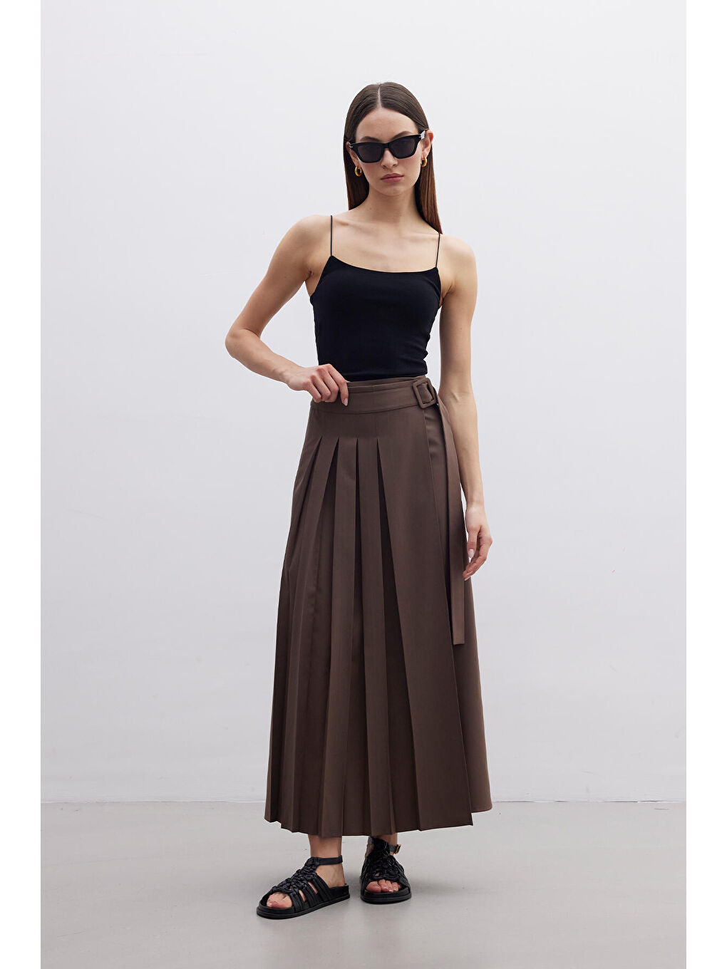 Pliseli Kruvaze Etek Kahverengi-4