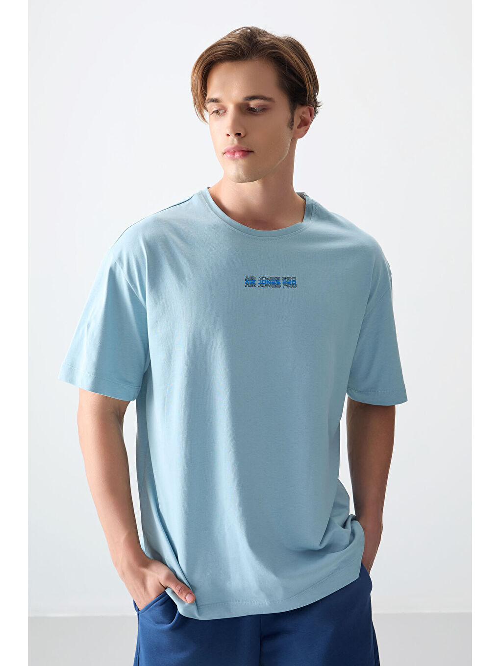 Açık Mavi %100 Pamuk Kalın Yumuşak Dokulu Oversize Fit Baskılı Erkek Tişört - 88354-3