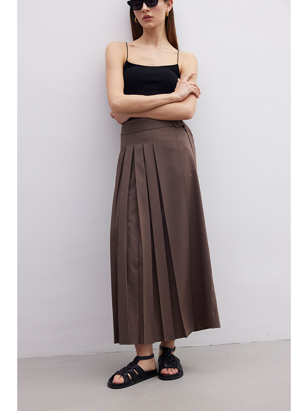 Pliseli Kruvaze Etek Kahverengi-6