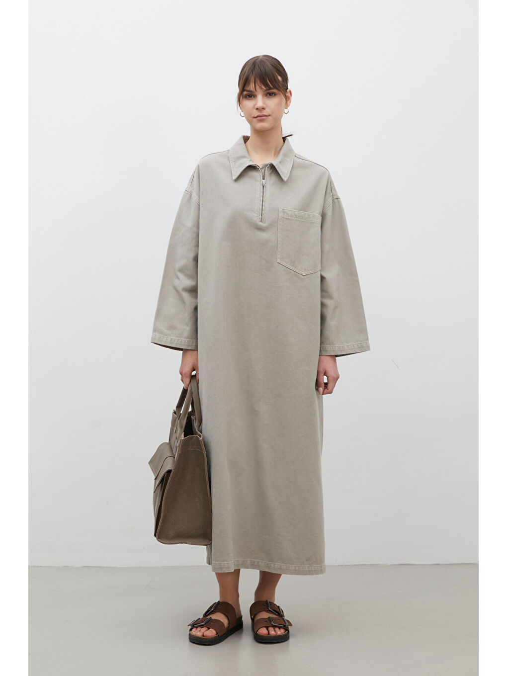 Bej Yaka Detaylı Denim Elbise Taş