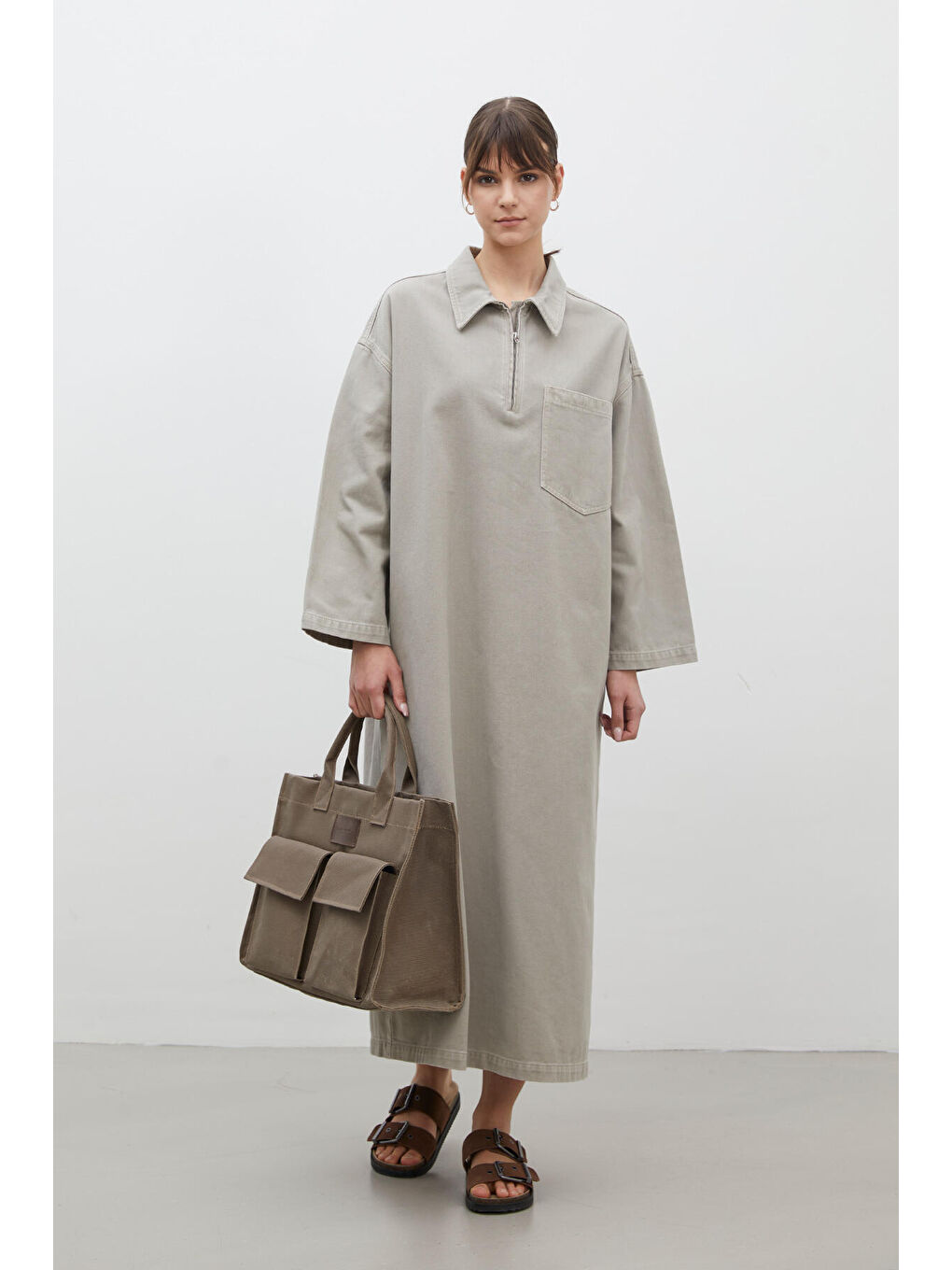 Bej Yaka Detaylı Denim Elbise Taş-1