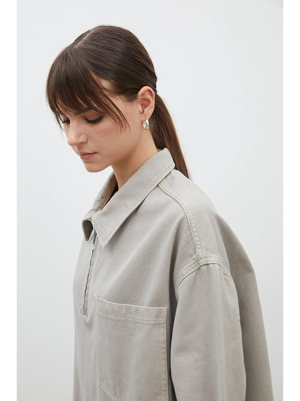 Bej Yaka Detaylı Denim Elbise Taş-2