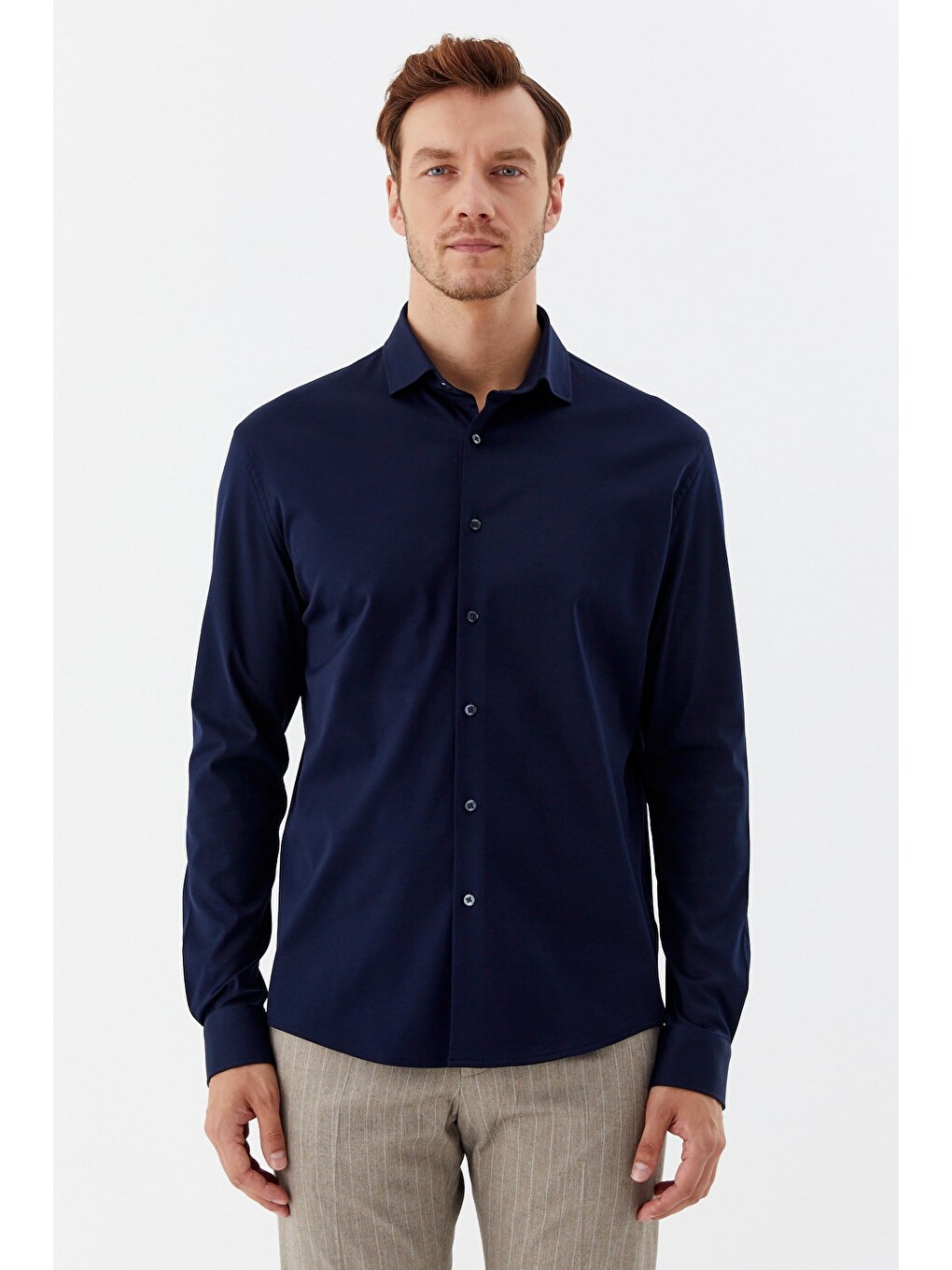 Erkek Lacivert Dar Kesim Slim Fit %100 Pamuk Düz Dokuma Klasik Yaka Gömlek