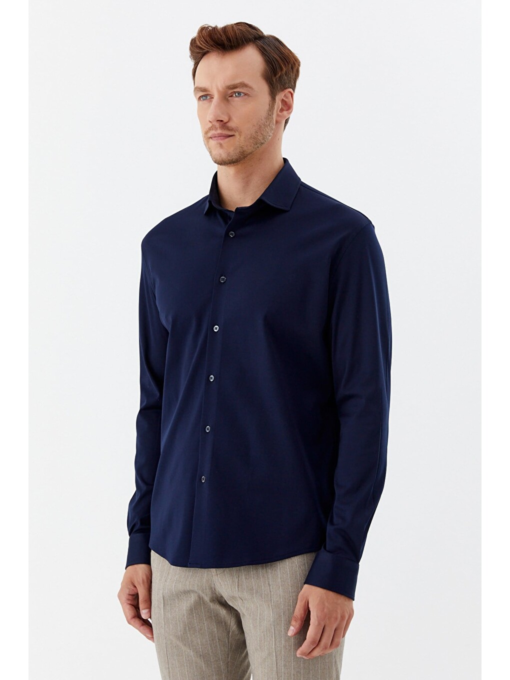 Erkek Lacivert Dar Kesim Slim Fit %100 Pamuk Düz Dokuma Klasik Yaka Gömlek-1