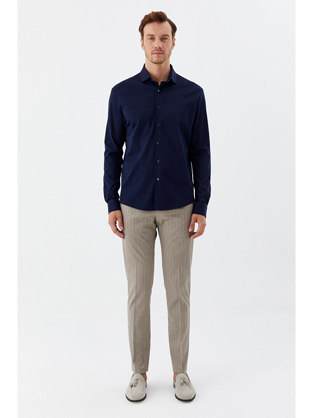 Erkek Lacivert Dar Kesim Slim Fit %100 Pamuk Düz Dokuma Klasik Yaka Gömlek-2