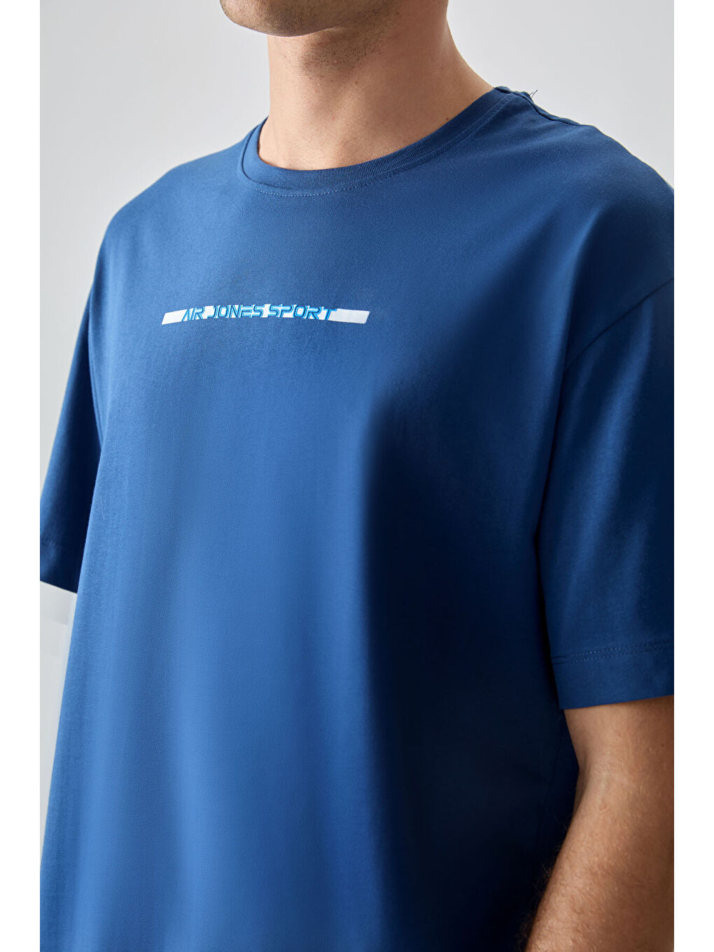 Mavi %100 Pamuk Kalın Yumuşak Dokulu Oversize Fit Baskılı Erkek Tişört-1