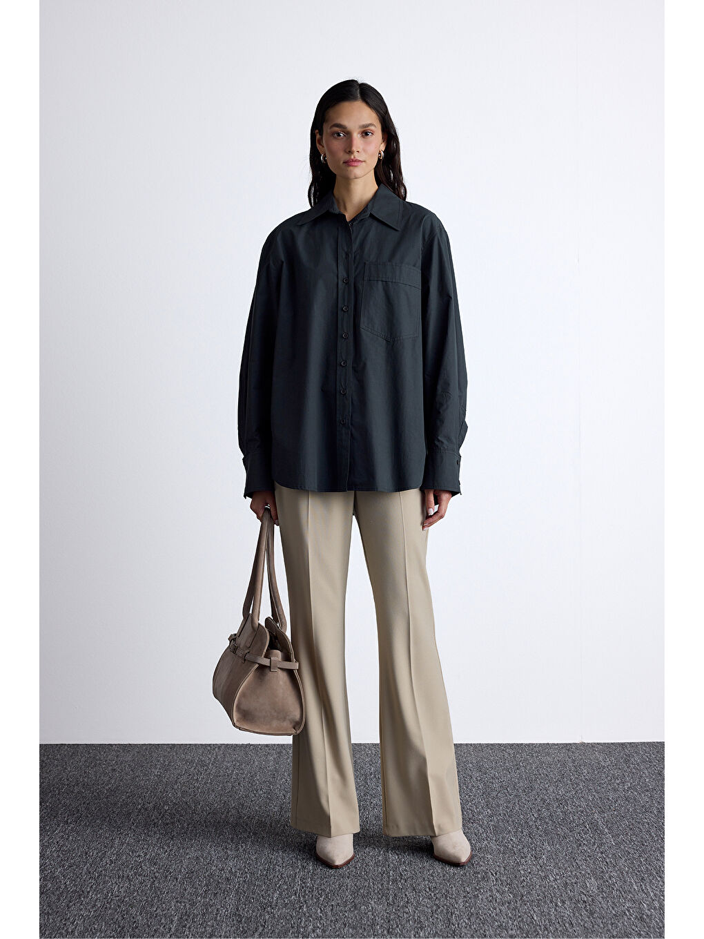 Gri Pile Detaylı Oversıze Gömlek Duman-2