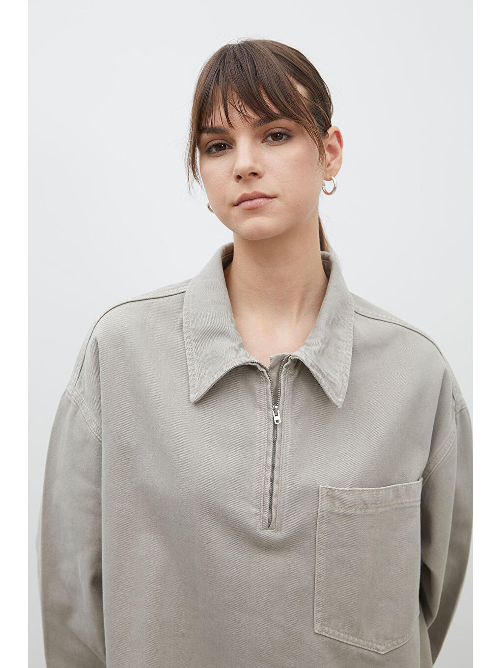 Bej Yaka Detaylı Denim Elbise Taş-4