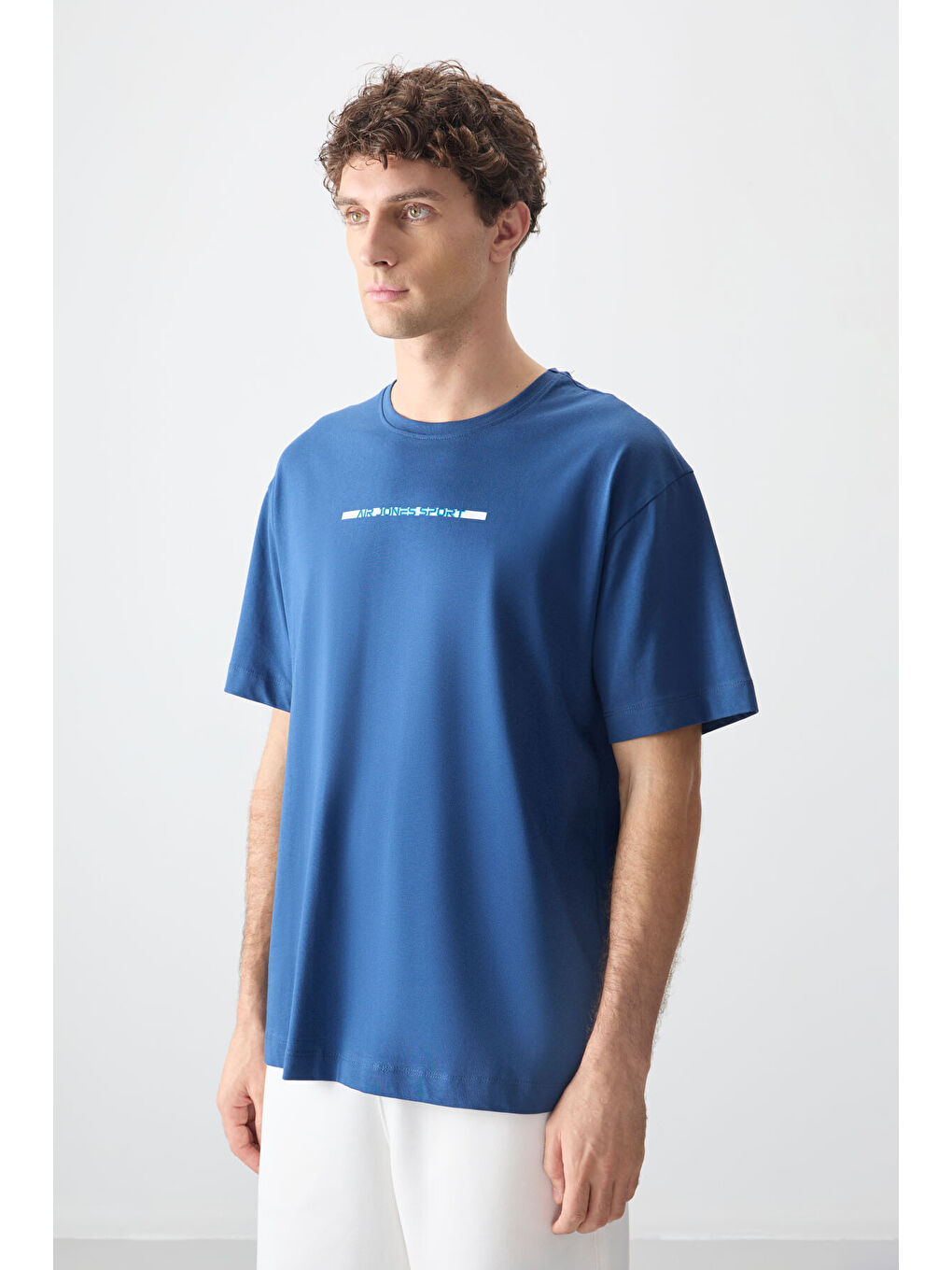 Mavi %100 Pamuk Kalın Yumuşak Dokulu Oversize Fit Baskılı Erkek Tişört-3