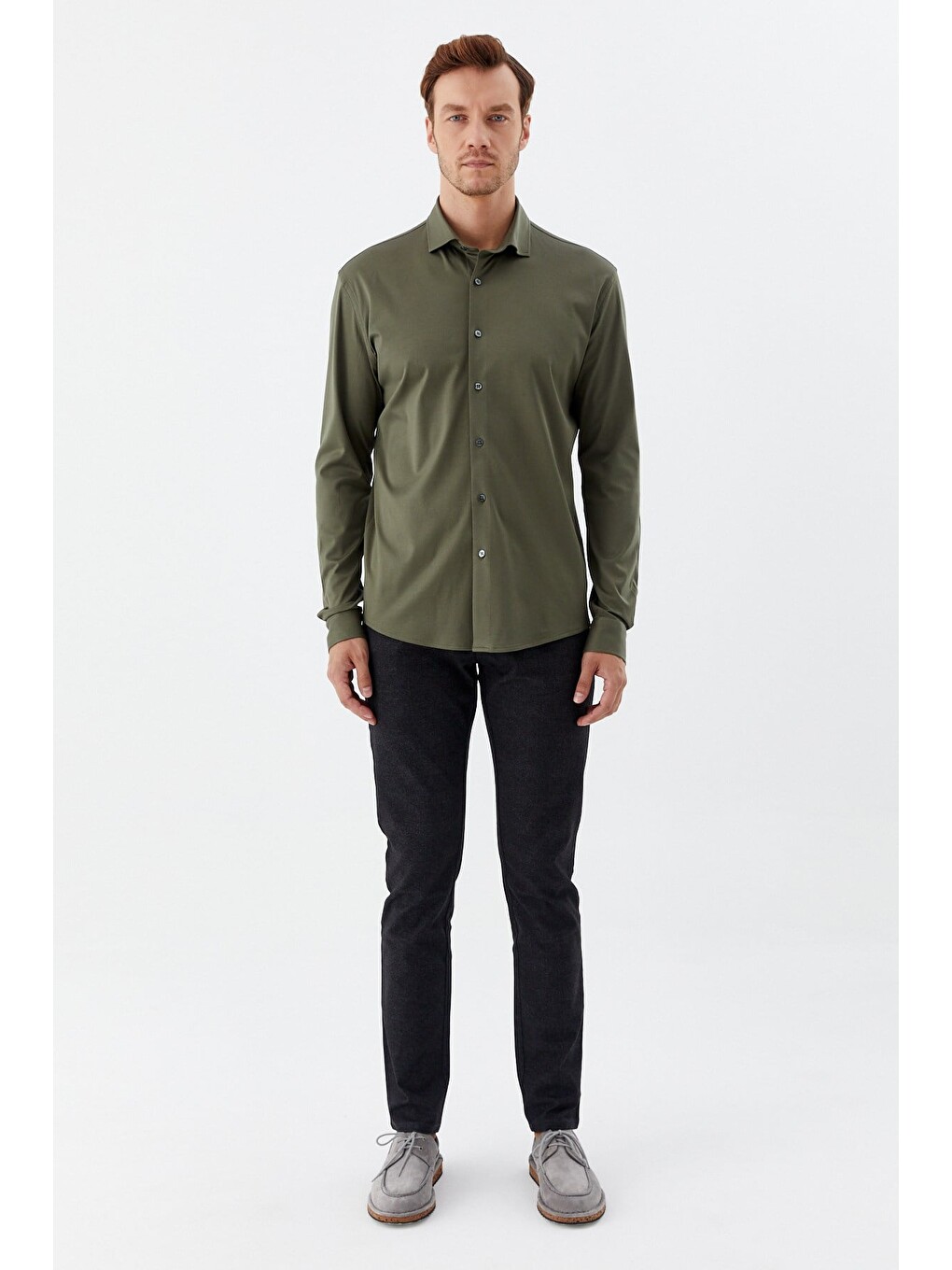 Erkek Haki Dar Kesim Slim Fit %100 Pamuk Düz Dokuma Klasik Yaka Gömlek-2