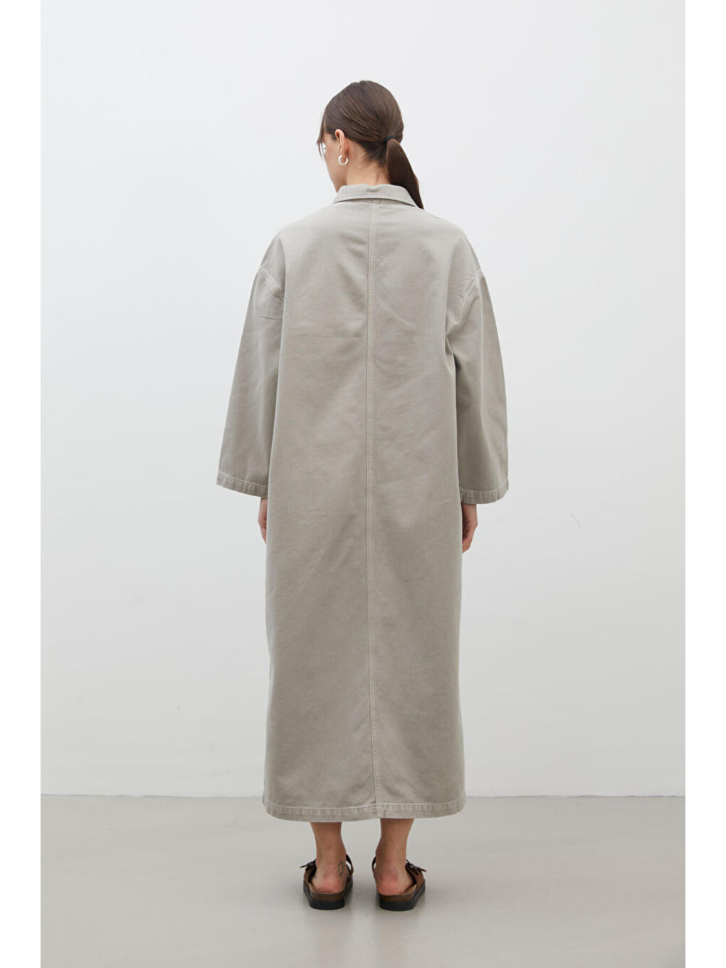 Bej Yaka Detaylı Denim Elbise Taş-6