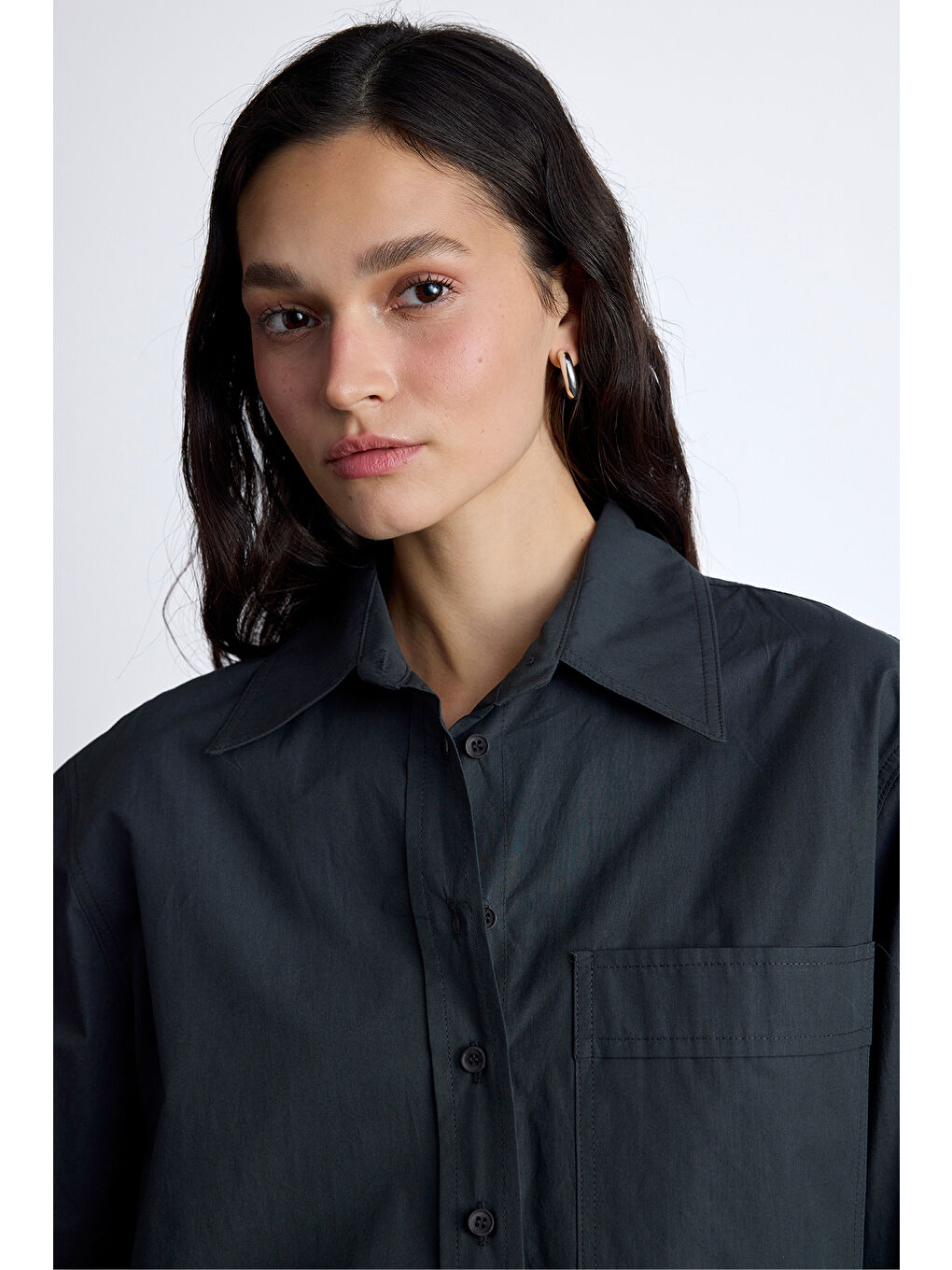 Gri Pile Detaylı Oversıze Gömlek Duman-3