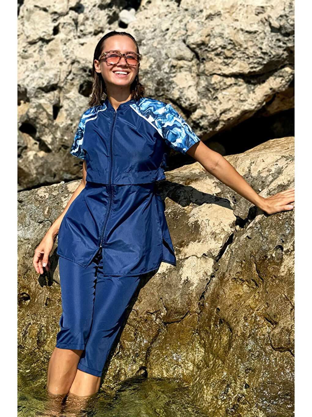 Lacivert Paraşüt Yarı Kapalı Tesettür Mayo Hera 2408 Laci