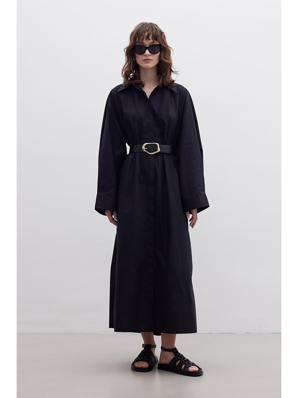 Kemerli Premium Gömlek Elbise Siyah-3