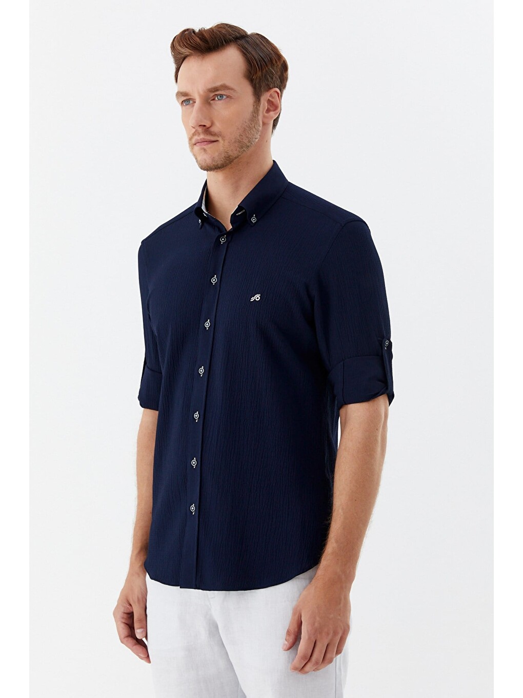 Lacivert %100 Pamuk Uzun Kollu Slim Fit Düğmeli Yaka Gömlek-1