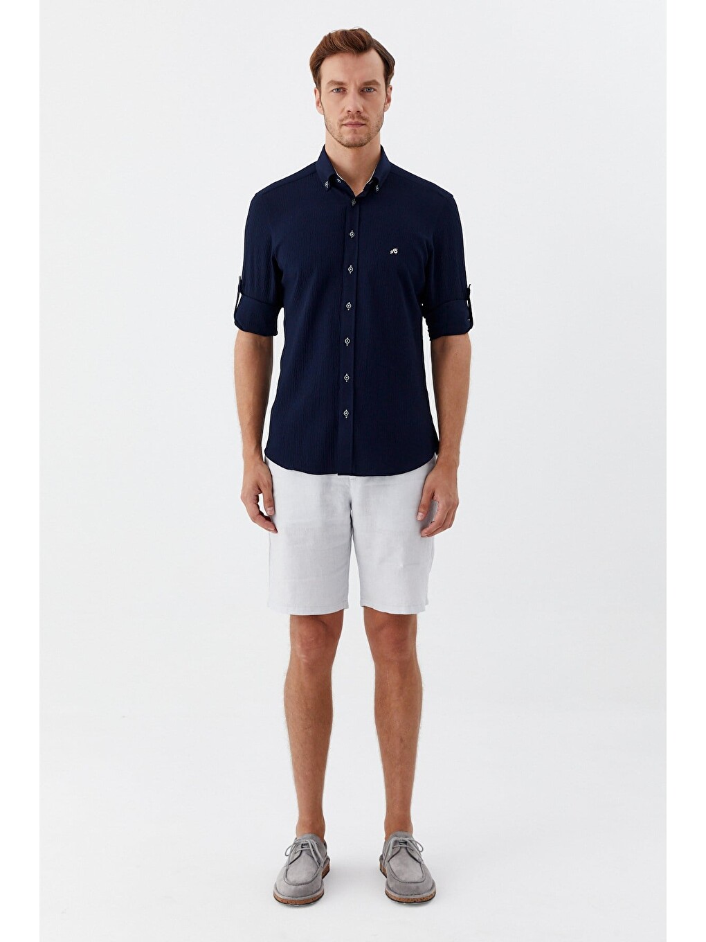 Lacivert %100 Pamuk Uzun Kollu Slim Fit Düğmeli Yaka Gömlek-2