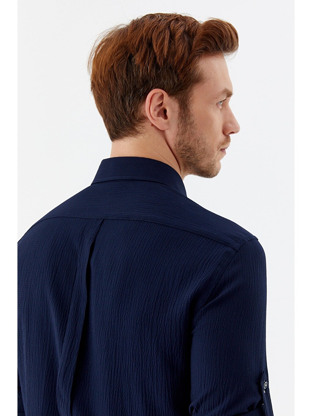 Lacivert %100 Pamuk Uzun Kollu Slim Fit Düğmeli Yaka Gömlek-4