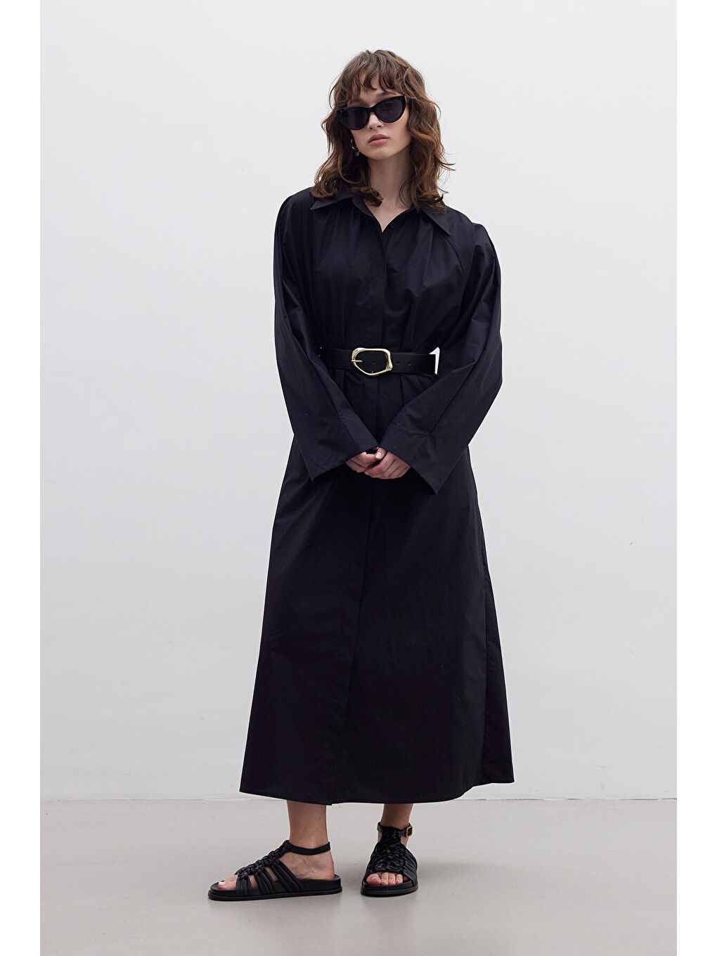 Kemerli Premium Gömlek Elbise Siyah-5