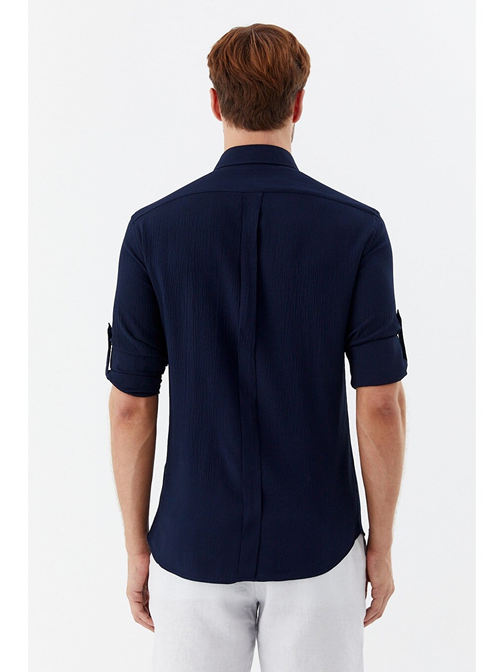Lacivert %100 Pamuk Uzun Kollu Slim Fit Düğmeli Yaka Gömlek-5