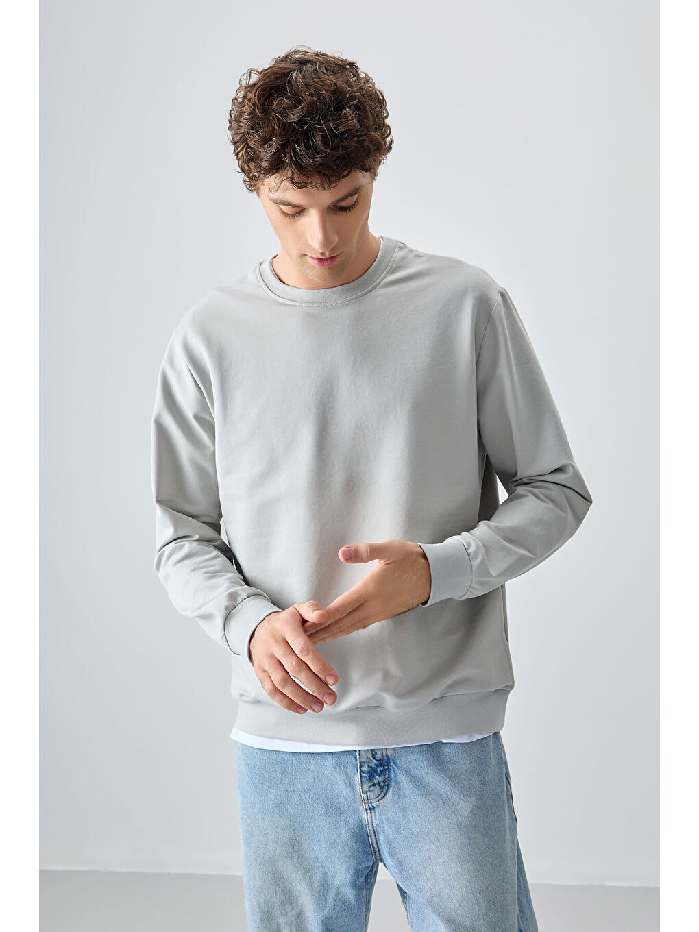 Bej Taş Pamuk Dokulu Standart Fit Basic Erkek Sweatshirt - 88363-1