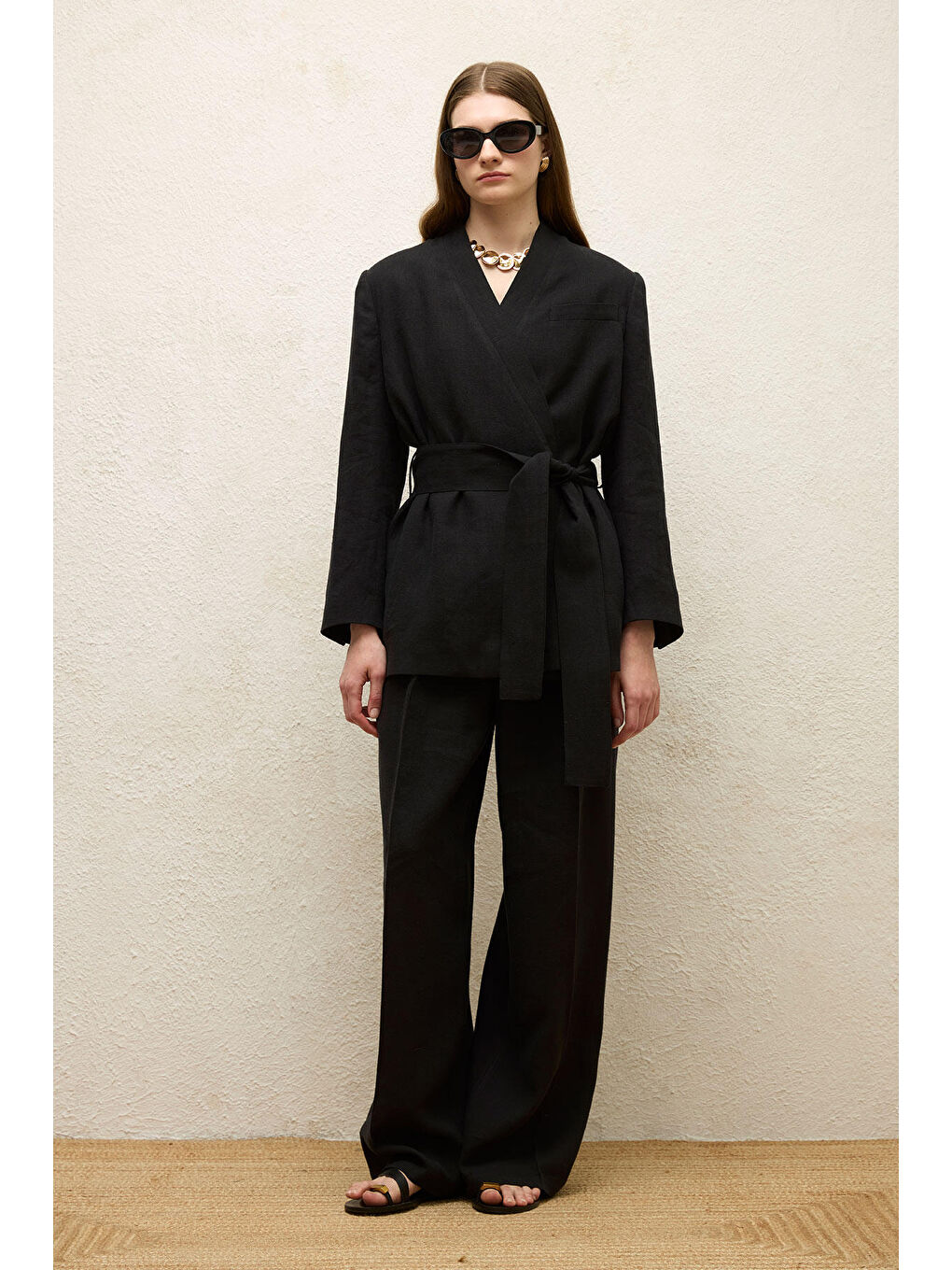 Keten Kruvaze Ceket Siyah-3