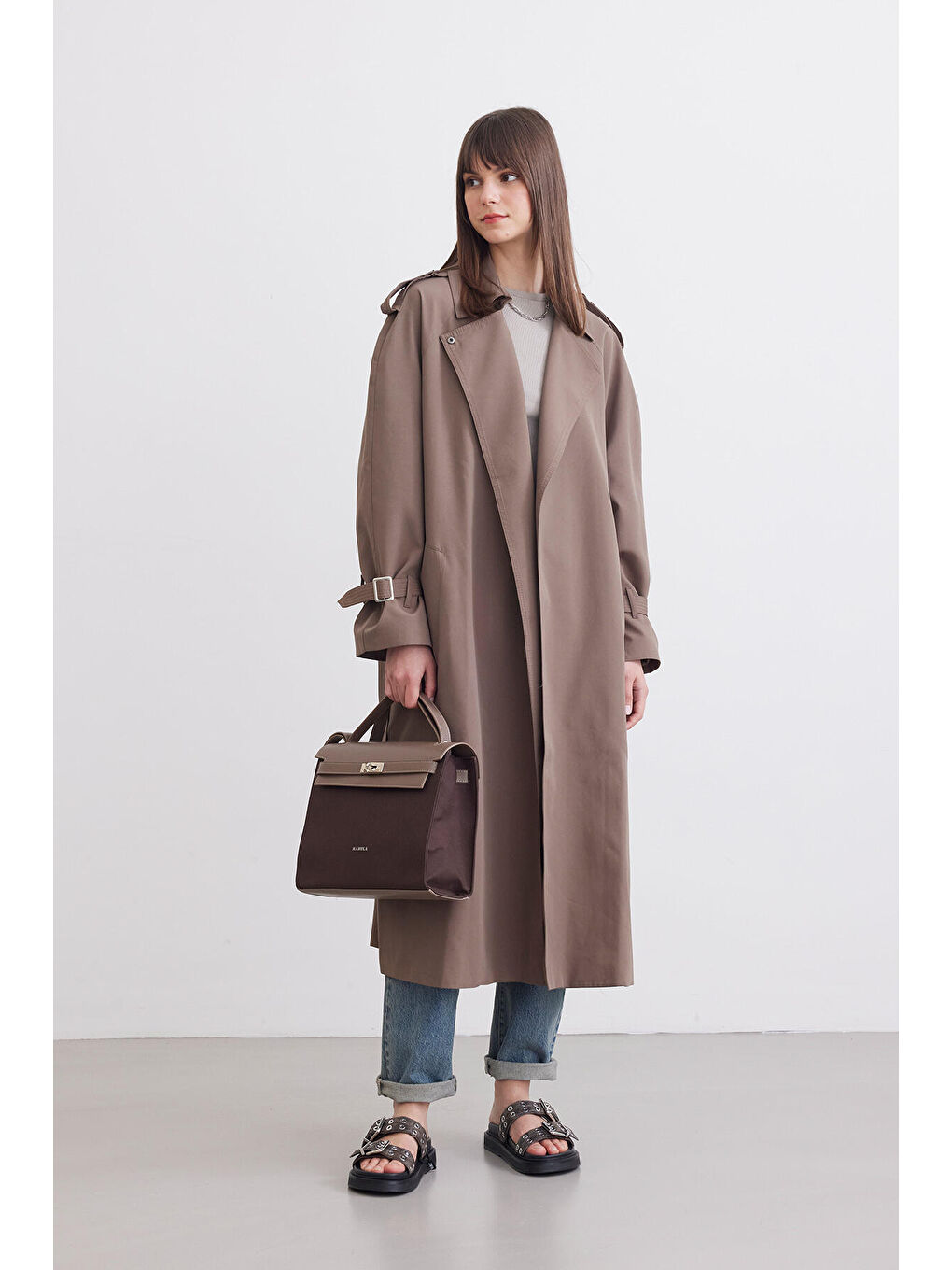 Bej Kemerli Dökümlü Trençkot Vizon-1