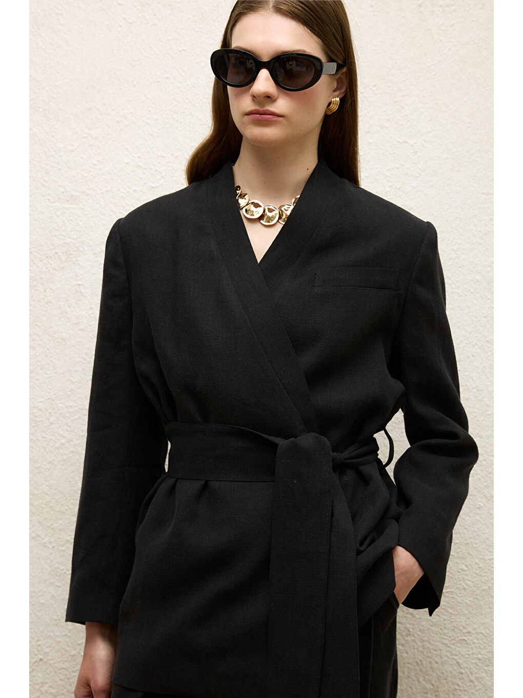 Keten Kruvaze Ceket Siyah-4