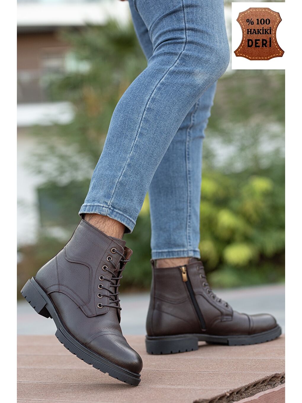 Kahverengi D4002 Hakiki Deri Soğuk Geçiremez Kışlık Erkek Bot-1