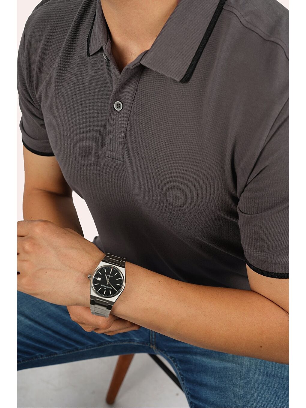 Gri Füme Siyah Yaka Çizgili Erkek Polo Yaka Tişört