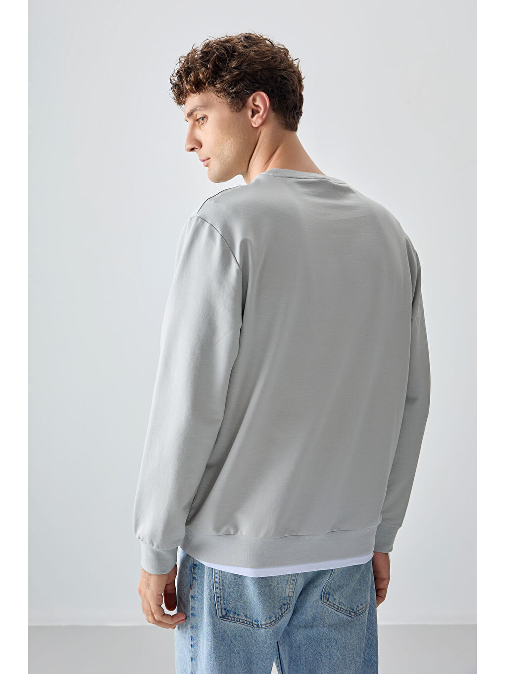 Bej Taş Pamuk Dokulu Standart Fit Basic Erkek Sweatshirt - 88363-4