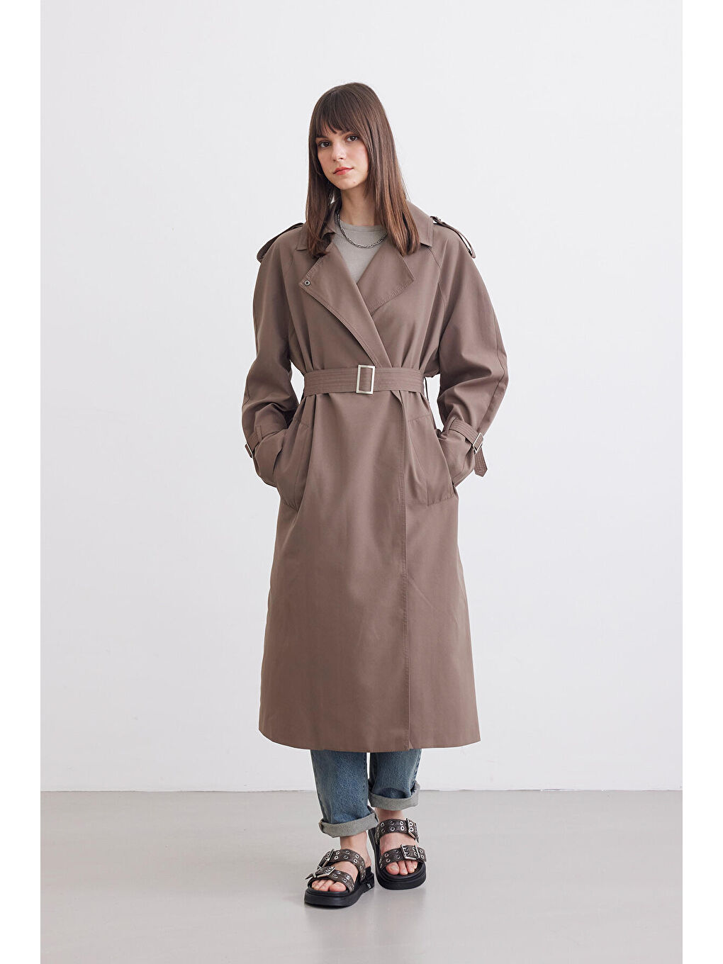 Bej Kemerli Dökümlü Trençkot Vizon-4