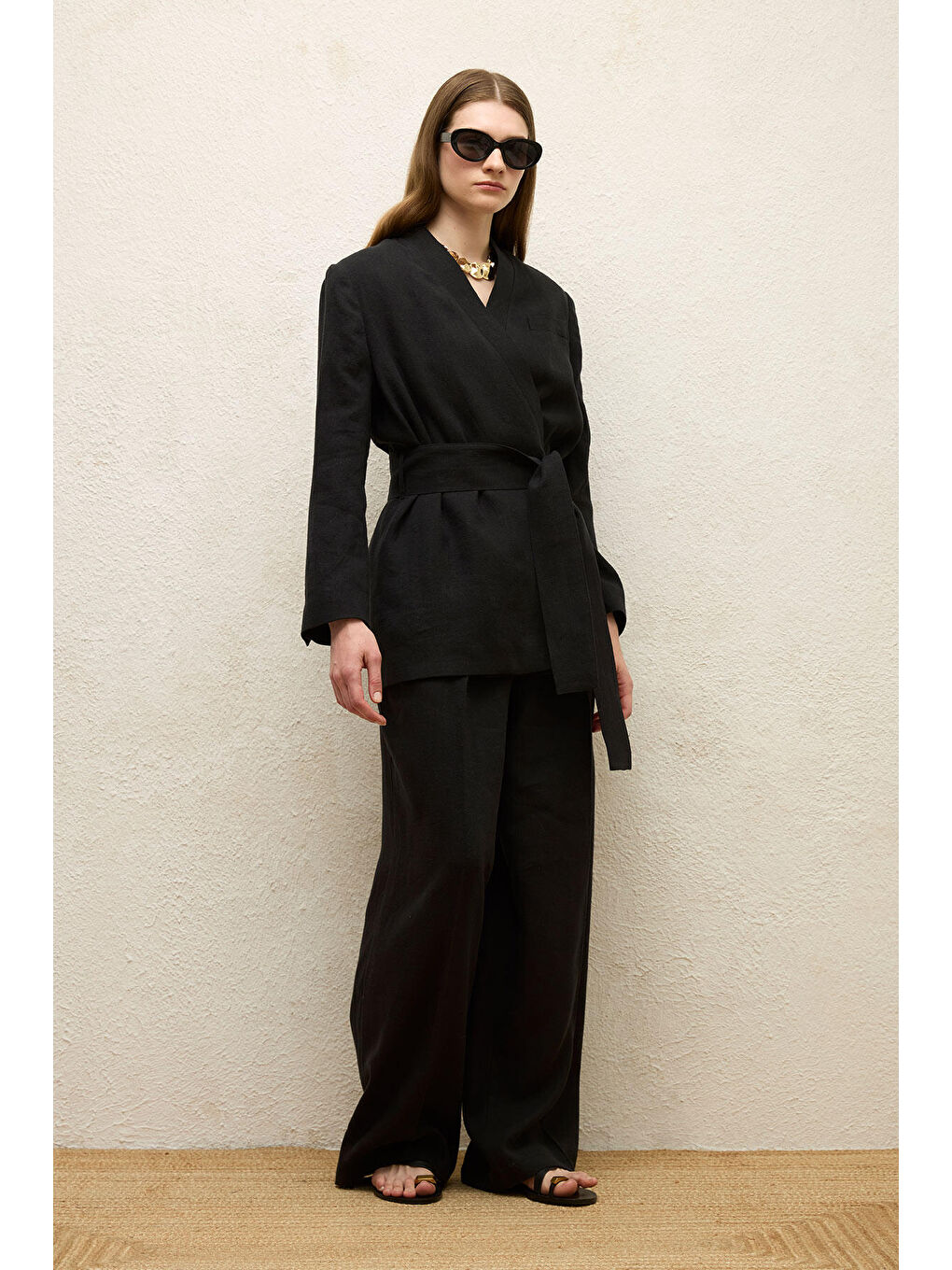 Keten Kruvaze Ceket Siyah-5