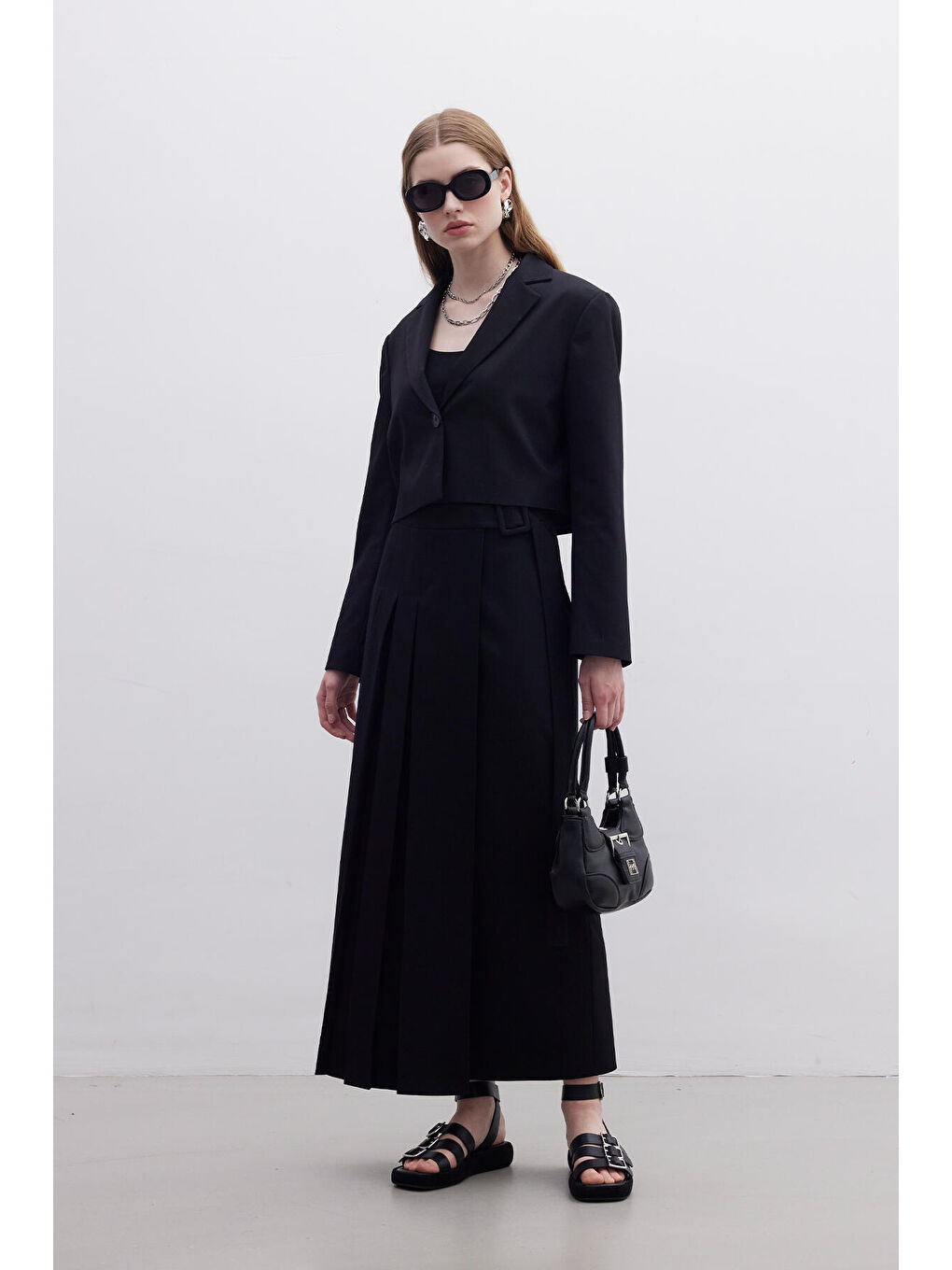 Pliseli Kruvaze Etek Siyah-1