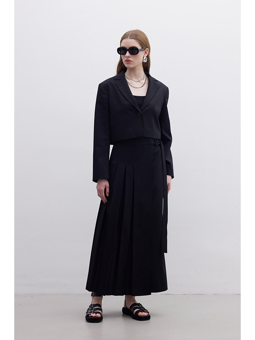 Pliseli Kruvaze Etek Siyah-2