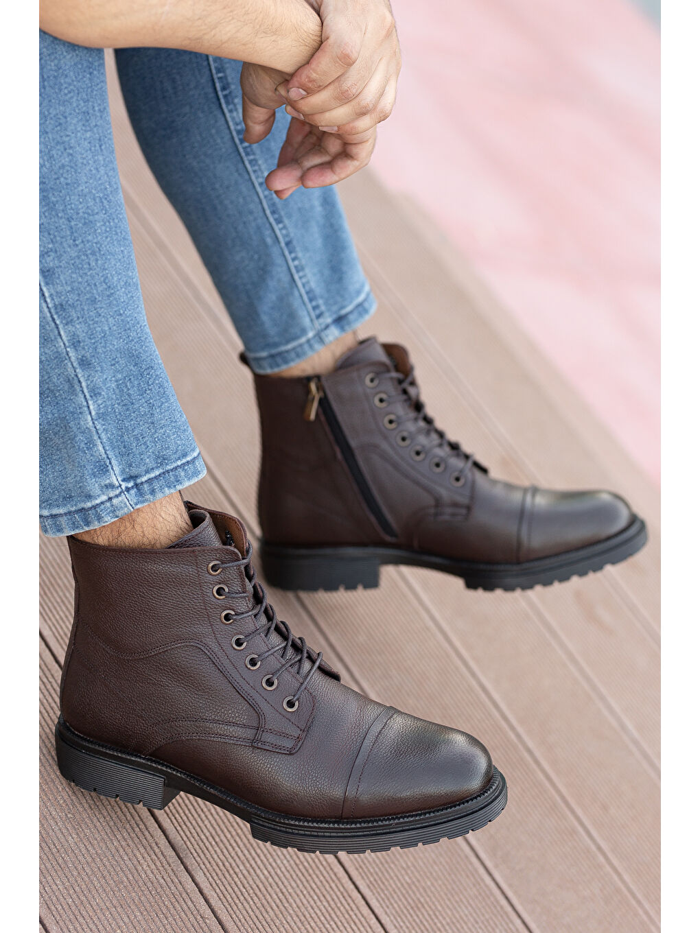 Kahverengi D4002 Hakiki Deri Soğuk Geçiremez Kışlık Erkek Bot-5