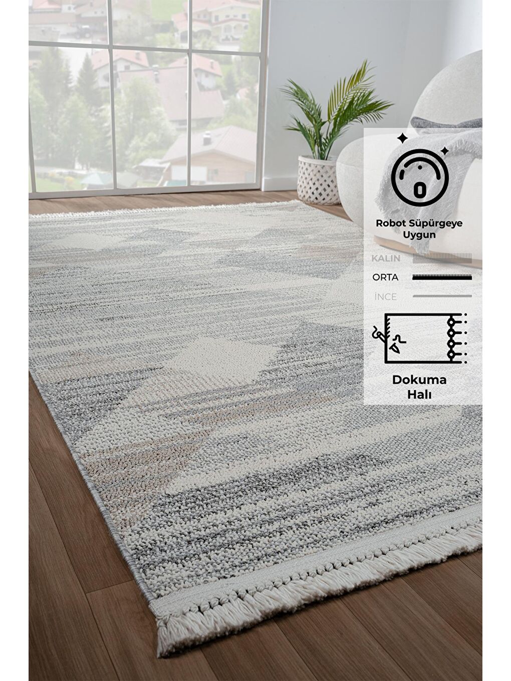 Ekru Bastia 1274 Krem Gri Bej Yumuşak Örgü Modern Dokuma Bukle Halı-140x200