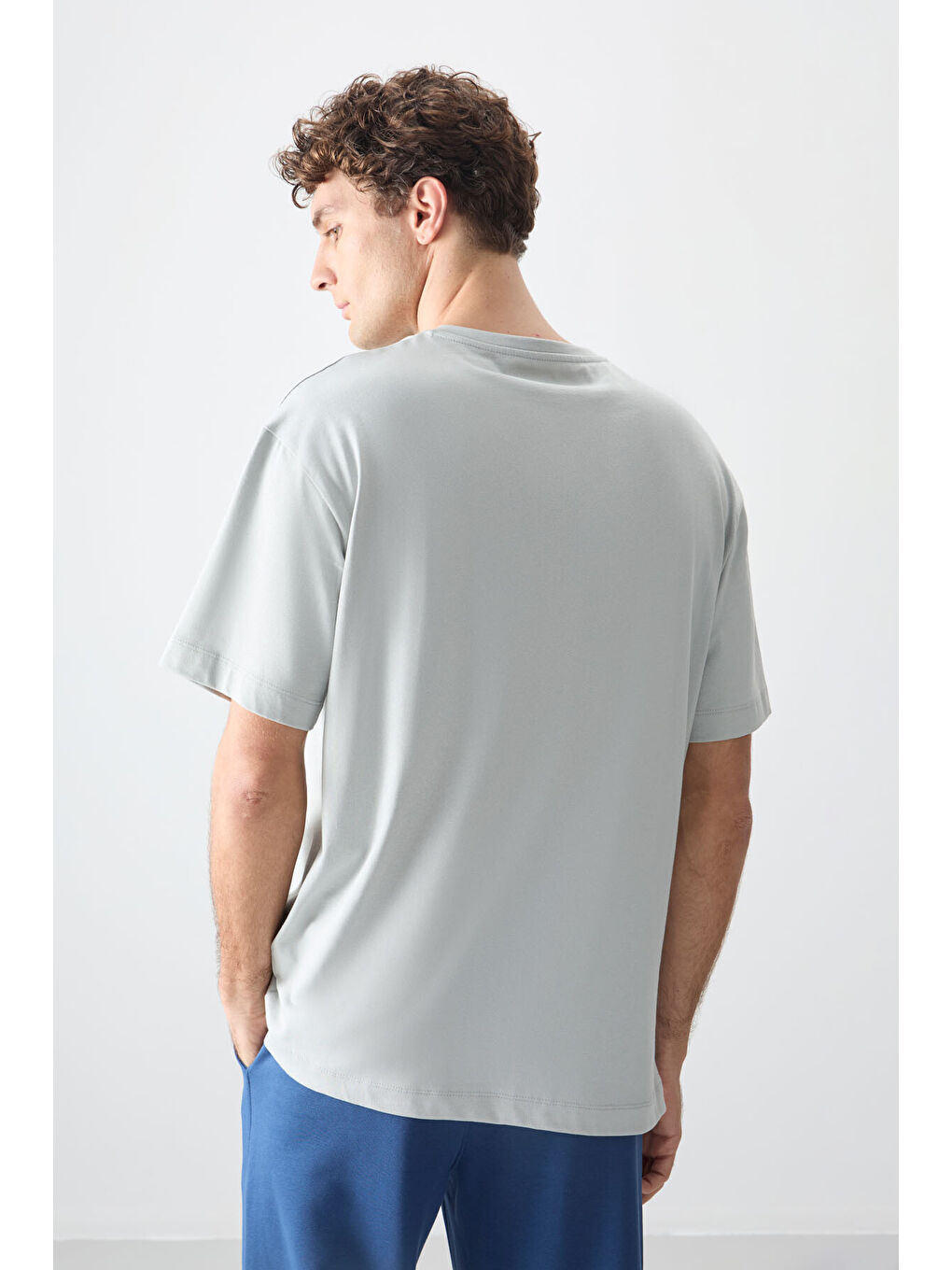 Bej Taş %100 Pamuk Kalın Yumuşak Dokulu Oversize Fit Baskılı Erkek Tişört - 88356-4