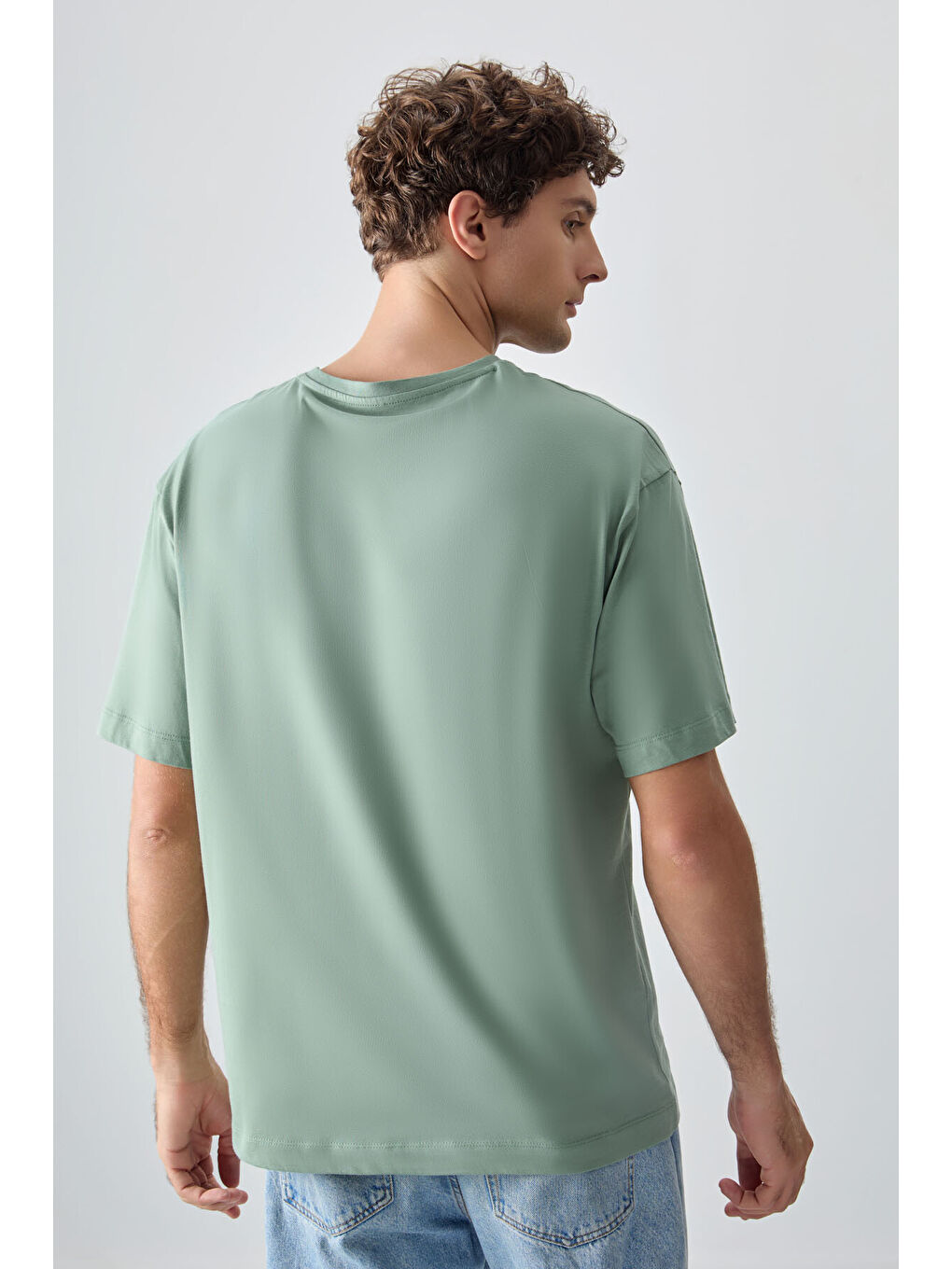 Açık Yeşil %100 Pamuk Kalın Yumuşak Dokulu Oversize Fit Baskılı Erkek Tişört -88354-4