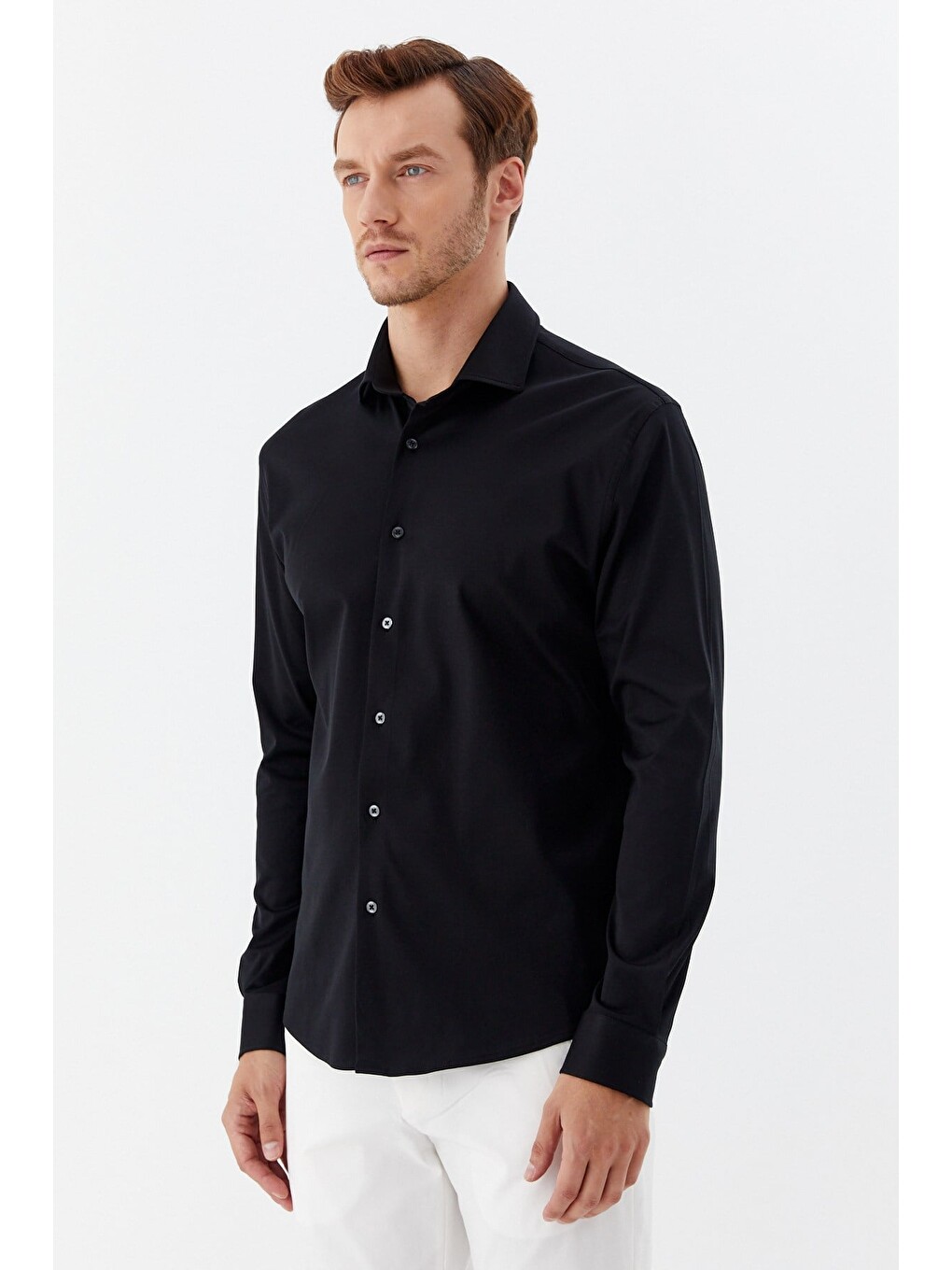Erkek Siyah Dar Kesim Slim Fit %100 Pamuk Düz Dokuma Klasik Yaka Gömlek-1