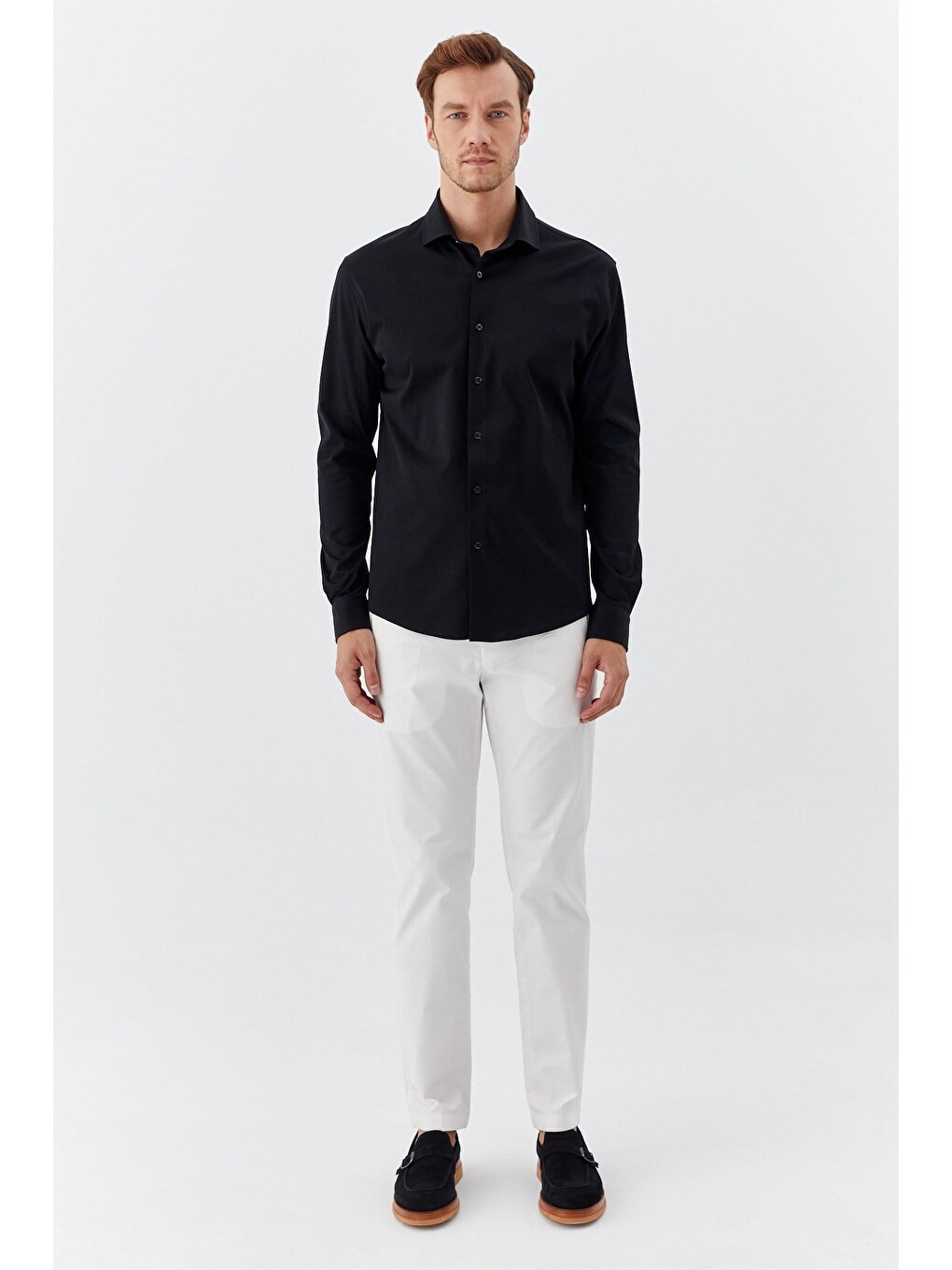 Erkek Siyah Dar Kesim Slim Fit %100 Pamuk Düz Dokuma Klasik Yaka Gömlek-2