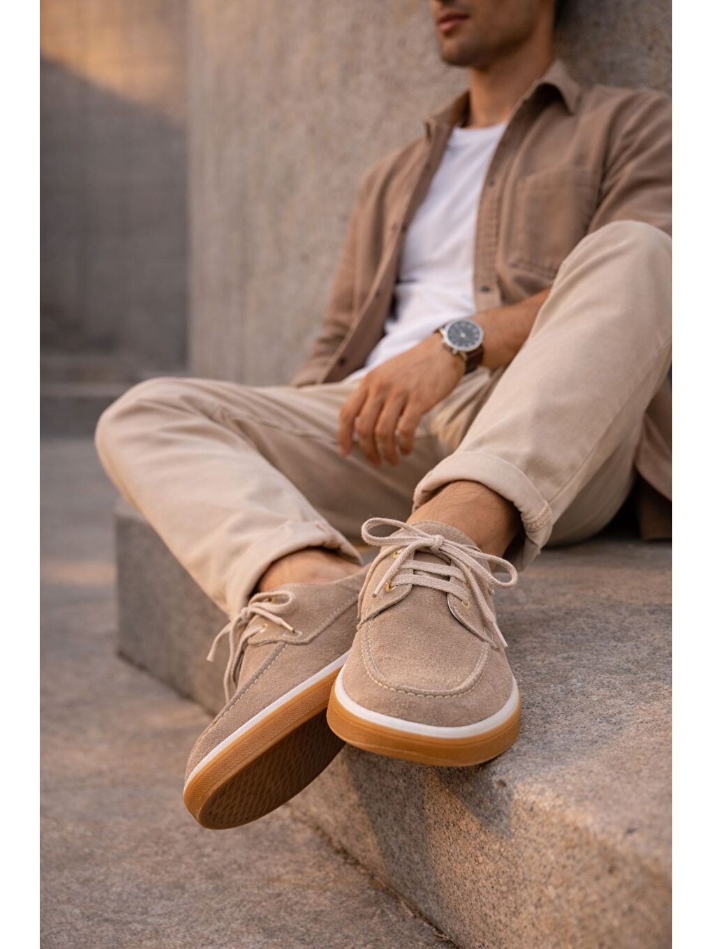 Bej CRAFT Hakiki Süet Deri Bağcıklı Erkek Günlük Loafer Ayakkabı-6