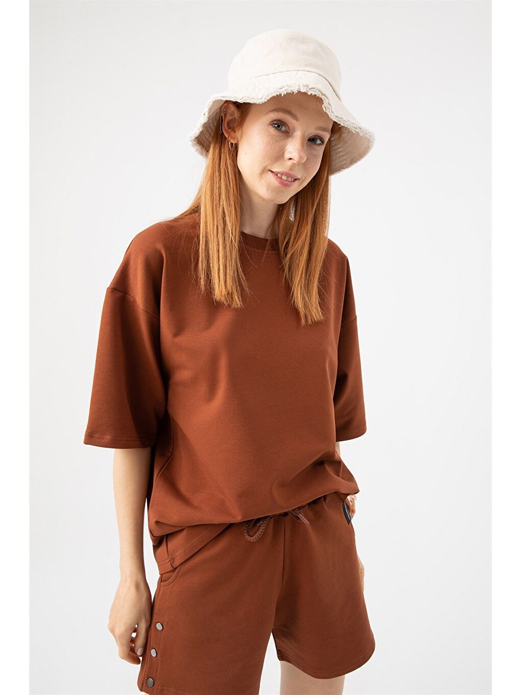 Kahverengi Kadın Base Oversize Kiremit T-Shirt