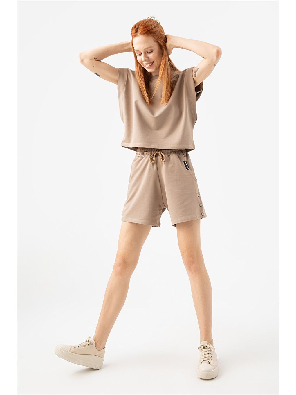 Bej Kadın Base Kısa Vizon T-Shirt-2