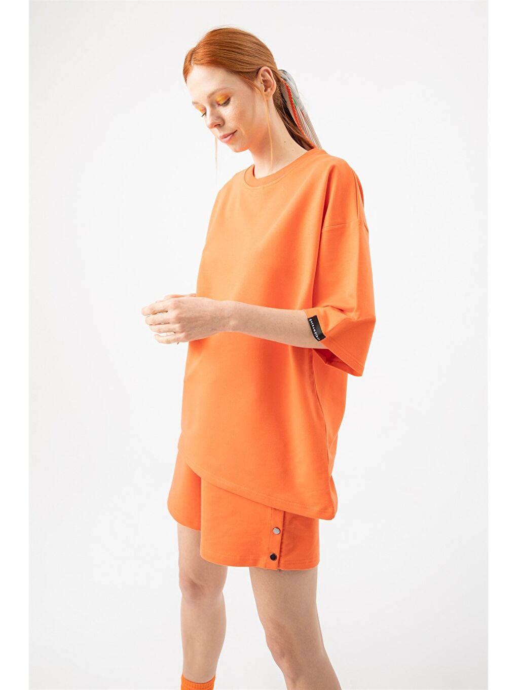 Pembe Kadın Base Oversize Şeftali T-Shirt-1